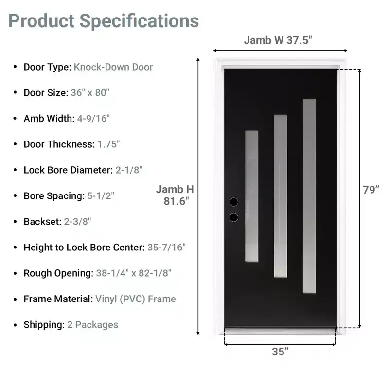 MooxvMoo 36x80 Inch Exterior Door Right Hand Inswing, Knock-Down Entry Doors with 4-9/16 Vinyl Frame, Frosted Glass, Black Primed