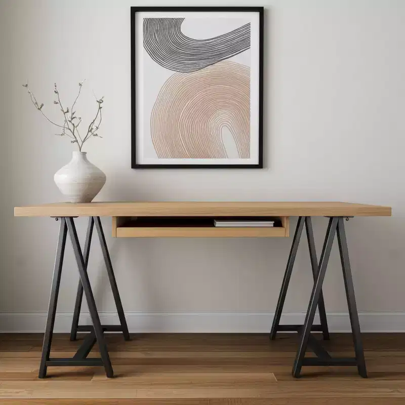HomeRoots 60 Natural and Black Solid Wood and Metal Trestle Executive Desk
