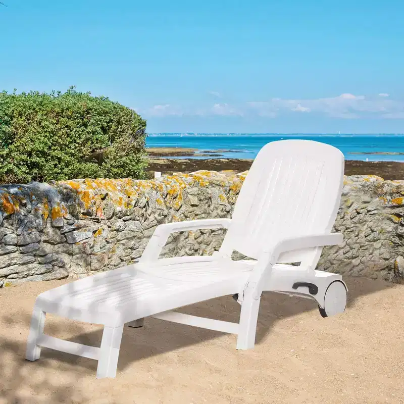 Outsunny Outdoor Chaise Lounge Chair on Wheels with Storage Box, Waterproof with Quick Assembly, Folding, 5 Level Adjustable Backrest for Pool, White