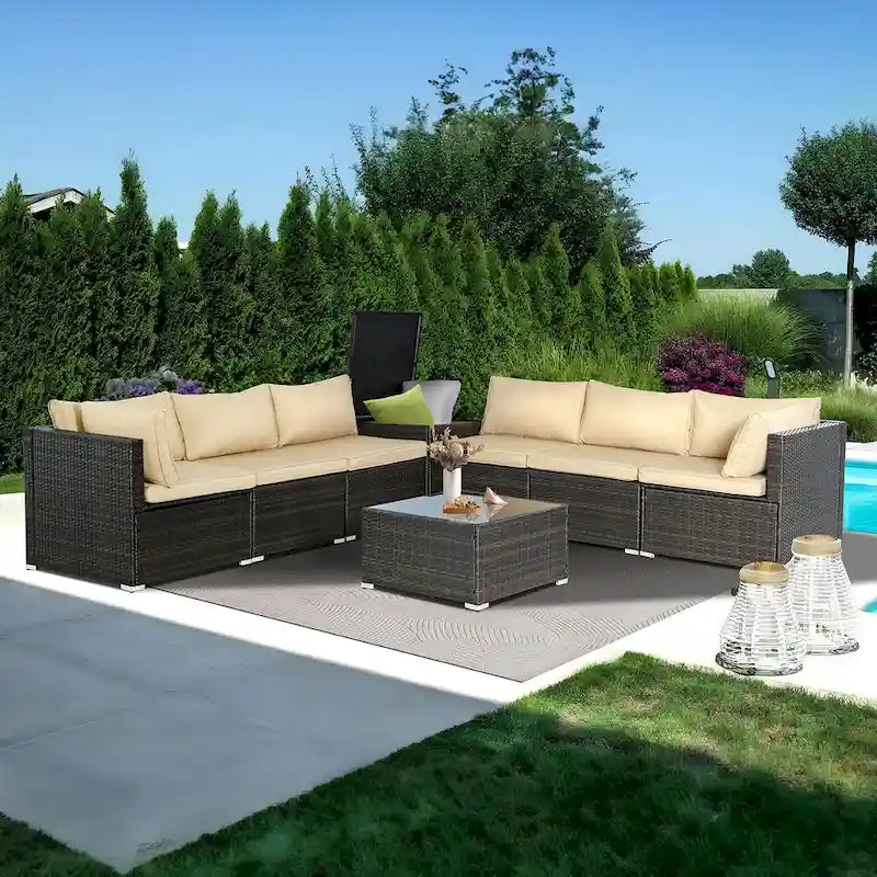7-PC Wicker Patio Conversation Set with Brown Cushions, 6 sofas, 1 table