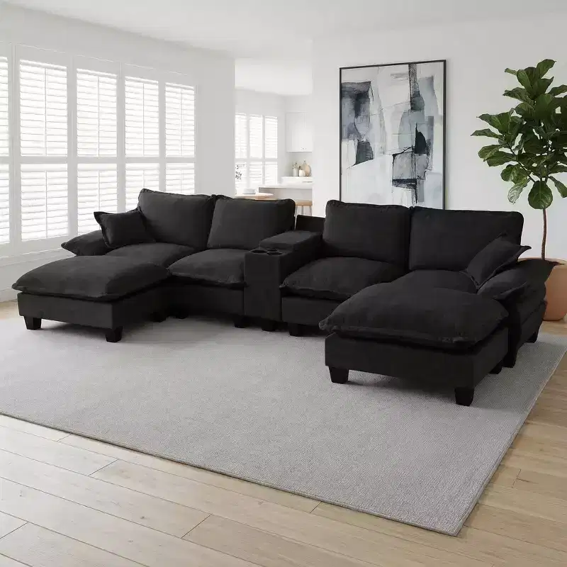 GDFStudio Vicky 143 U-Shape Chenille Upholstered Sofa with Cup Holders and Storage