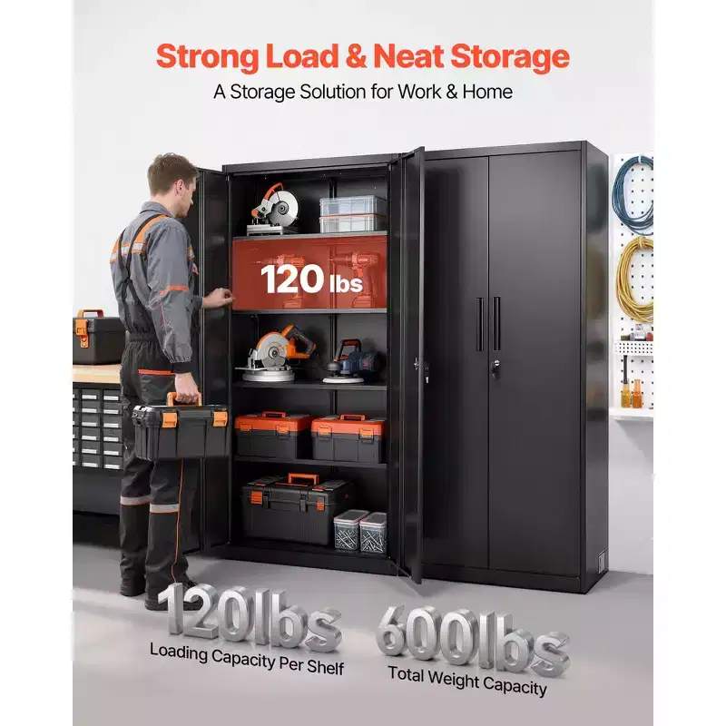 Armoire de rangement métallique VEVOR, 175 cm (68,9 po), armoire de garage verrouillable en acier avec 4 étagères réglables, 2 portes magnétiques, 2 clés, 5 niveaux de rangement pour outils, noire