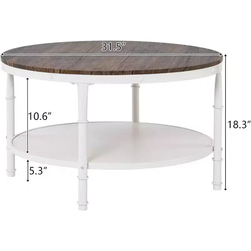 VINGLI 31.5 Dark Walnut White Round Farmhouse Coffee Table, 2-Tier Storage Wood Center Circle Accent Table for Living Room