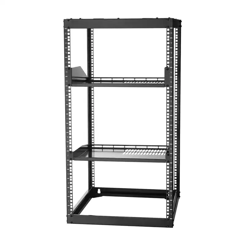 20U Open Frame Network Rack, 23 in Depth, Wall Mounted or Floor Standing Server Rack, Heavy Duty 4 Post, with Vented Shelves, Black