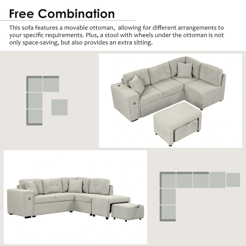 L-Shaped 4-Seat Sectional Sofa with Pull-Out Bed, Ottoman, USB Ports & Drop-Down Table