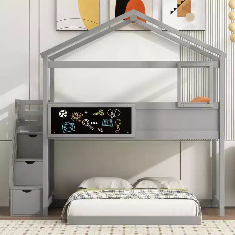 Whisen Twin over Full House Bunk Bed with Storage Staircase and Blackboard