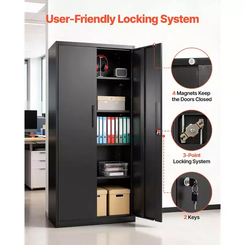 Armoire de rangement métallique VEVOR, 175 cm (68,9 po), armoire de garage verrouillable en acier avec 4 étagères réglables, 2 portes magnétiques, 2 clés, 5 niveaux de rangement pour outils, noire