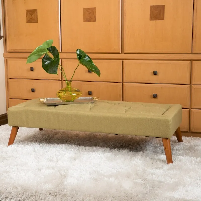 Tufted Fabric Ottoman Bench with Wooden Legs