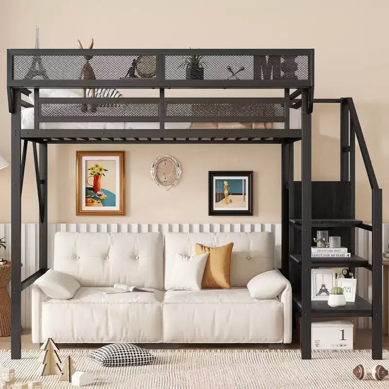 Twin Size Loft Bed with Stairs Metal Full Loft Bed with Storage Shelves High Loft Bed with Wardrobe for Kids Teens Black