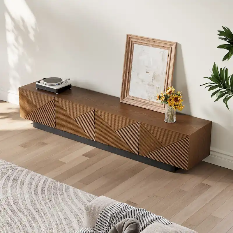 78.74 Mid Century Modern TV Stands, with Brown Solid Wood Veneer, Media Consoler with 4 Cabinets
