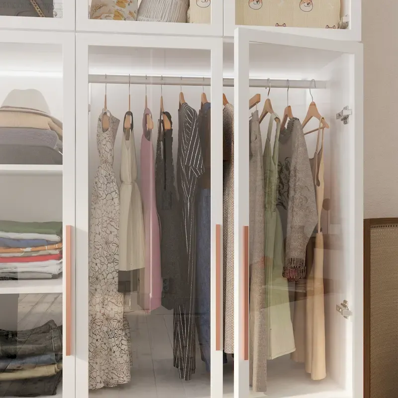 Armoire de rangement avec éclairage LED et portes entièrement vitrées, style dressing.