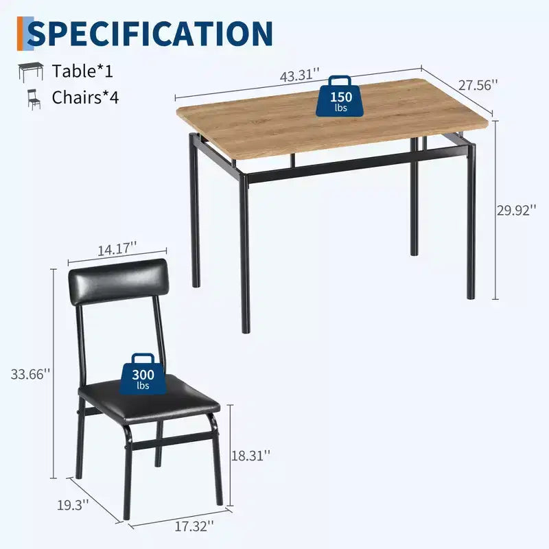 Industrial Dining Table Set for 4, Wooden Kitchen Table Set, Farmhouse Breakfast Nook Furniture Set, for Dining Room, Apartment, Studio