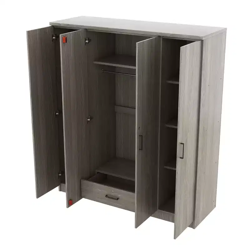 Armoire-penderie en bois à 4 portes avec tringle, 1 tiroir et étagères de rangement
