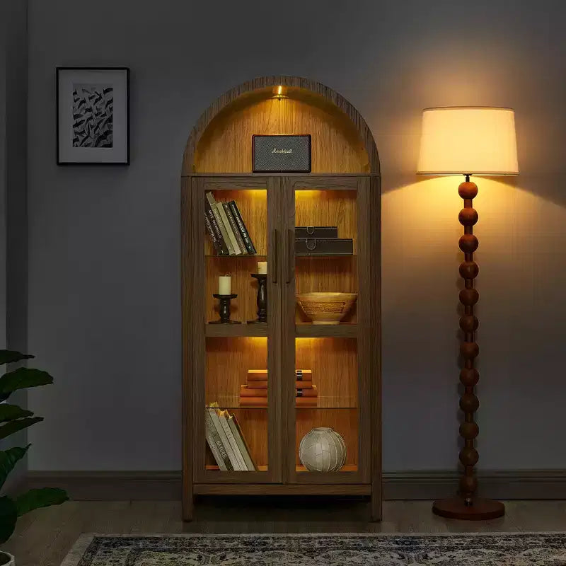 VIYET 67 Arched Storage Cabinet - LED Lamp, Brown MDF, Adjustable Glass Partitions