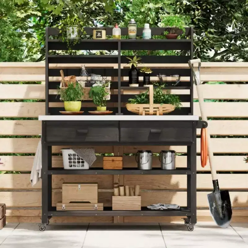 GDFStudio Inaya Rolling Outdoor Potting Bench with Upper Hutch, Stainless Steel Top