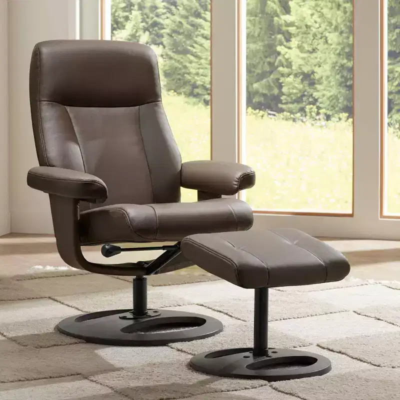 Chocolate Faux Leather Recliner Chair Modern with Ottoman Footrest Ergonomic Manual Reclining Swivel for Bedroom