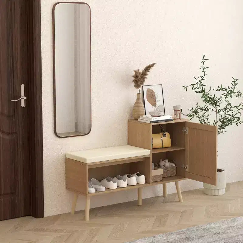 JVNOXK 2-in-1 Shoe Cabinet Storage Bench, PP Rattan Shoe Cabinet with 2 Adjustable Shelves and Removable Cushion, Shoe Organization Storage Cabinet