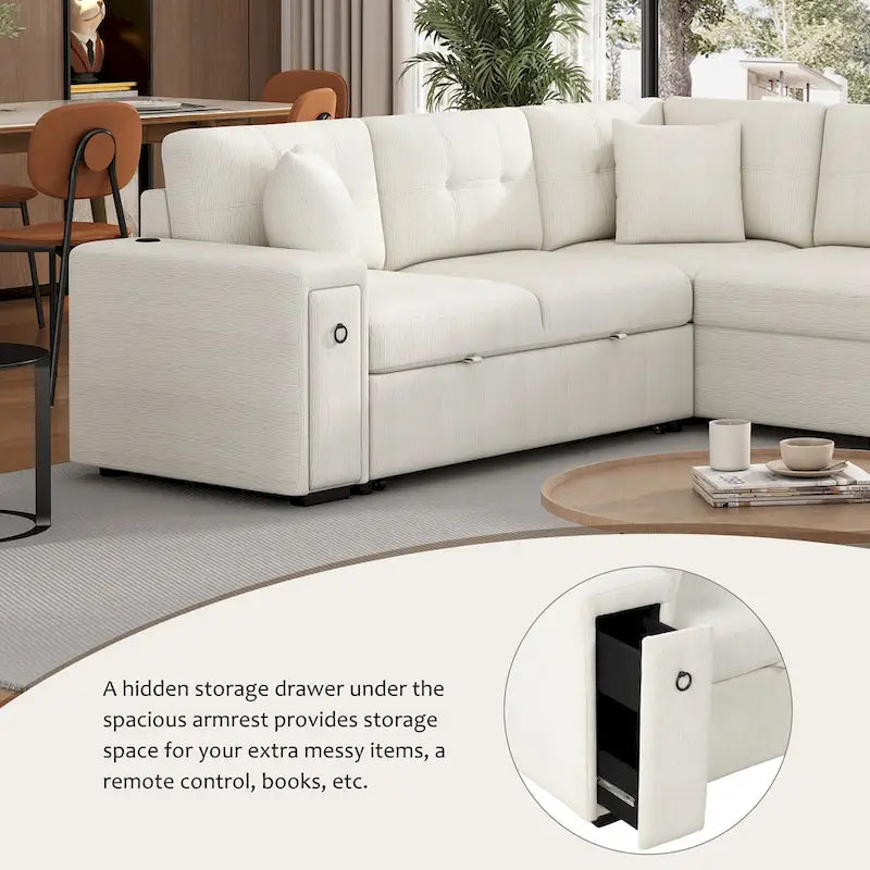 L-Shaped 4-Seat Sectional Sofa with Pull-Out Bed, Ottoman, USB Ports & Drop-Down Table