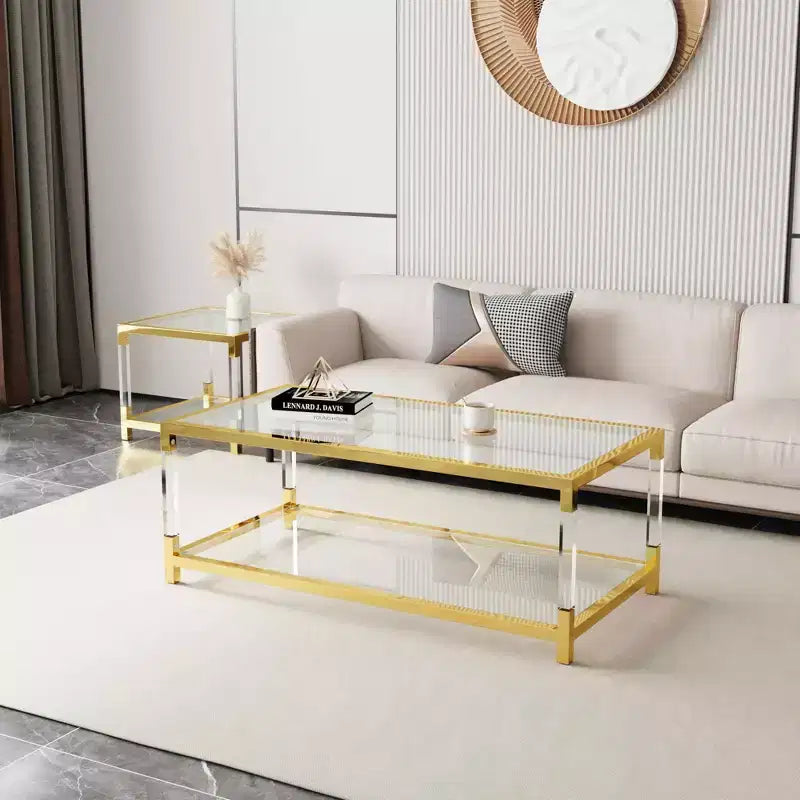 Modern Acrylic Legs Coffee Table, Double Layer Tempered Glass Top with Golden Metal Frame for Living Room Office