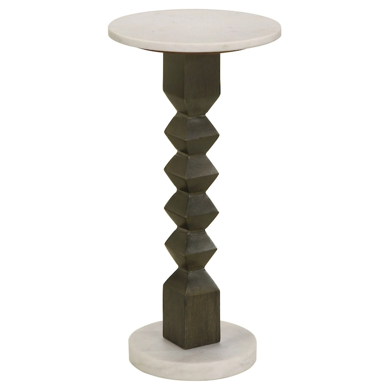 Drink Side Table, 11 Inch Round Marble, Spindle Pedestal Base, White, Gray