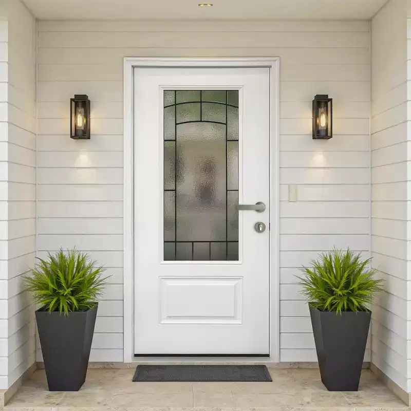 Fiberglass Entry Door with Brickmould 3/4 View Frosted Glass Classic for Home's Front Entrance Vinyl Frame Knock-Down Door