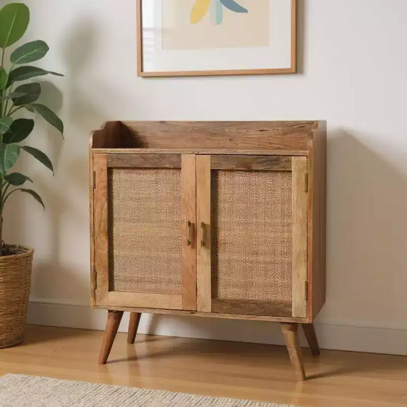 35 Brown Distressed Solid Wood Inlaid Rattan Accent Cabinet With Two Doors