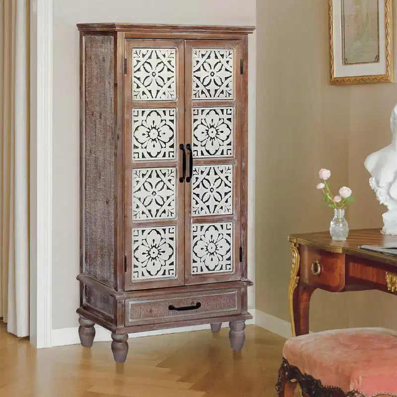 55 Vintage Farmhouse Highboard Cabinet, Tall Engineered Wood Storage Pantry with Floral Tile Pattern & Drawer - Panipeachy
