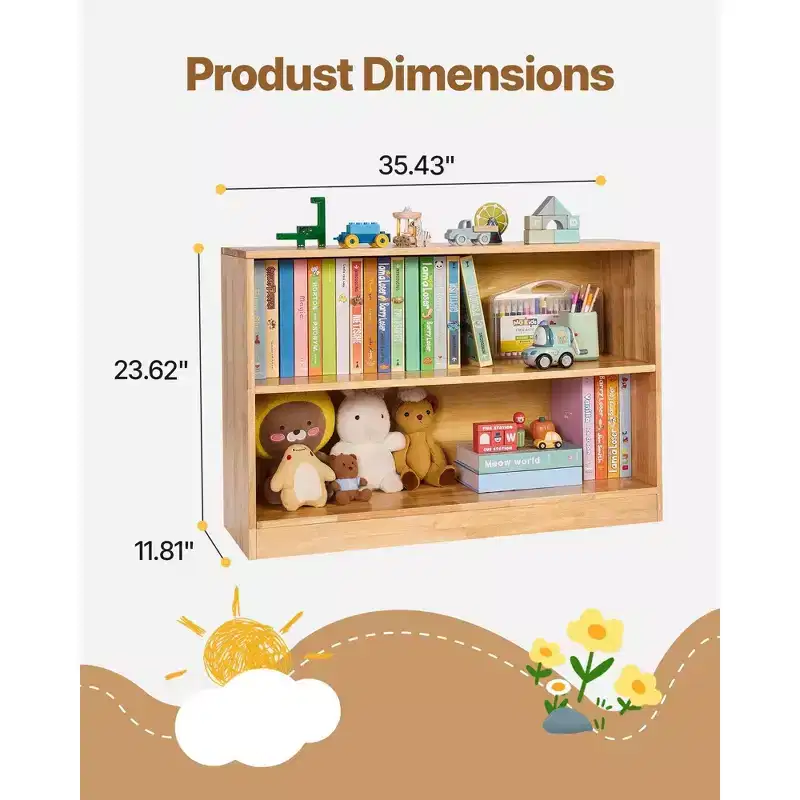 VIYET 35 2-Tier Montessori Bookshelf-Toy Storage Organizer for Bedroom, Nursery, Living Room, Entryway, Preschoo, Brown