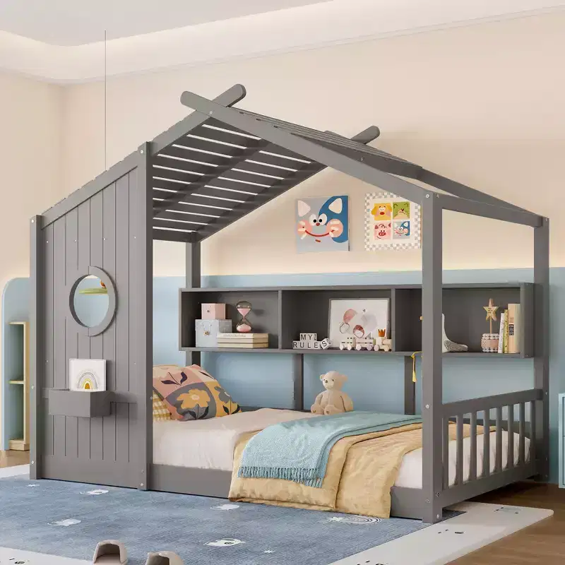 Twin/Full Size House Platform Bed Frame Toddler Floor Bed Kids Montessori Bed Playhouse Bed with Storage Shelf - ModernLuxe