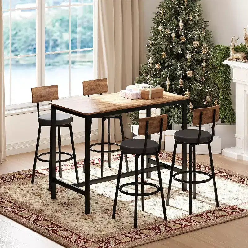 Zevemomo Dining Table Set for 4, 5-Piece Bar Table Set, Counter Height High Top Table with 4 PU Upholstered Stools, for Small Space, Brown