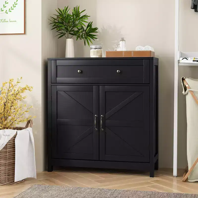 CLIHOME Farmhouse Storage Cabinet with Adjustable Shelf, White Kitchen Cabinet with Walnut Countertop, Modern Coffee Bar Console Cabinet