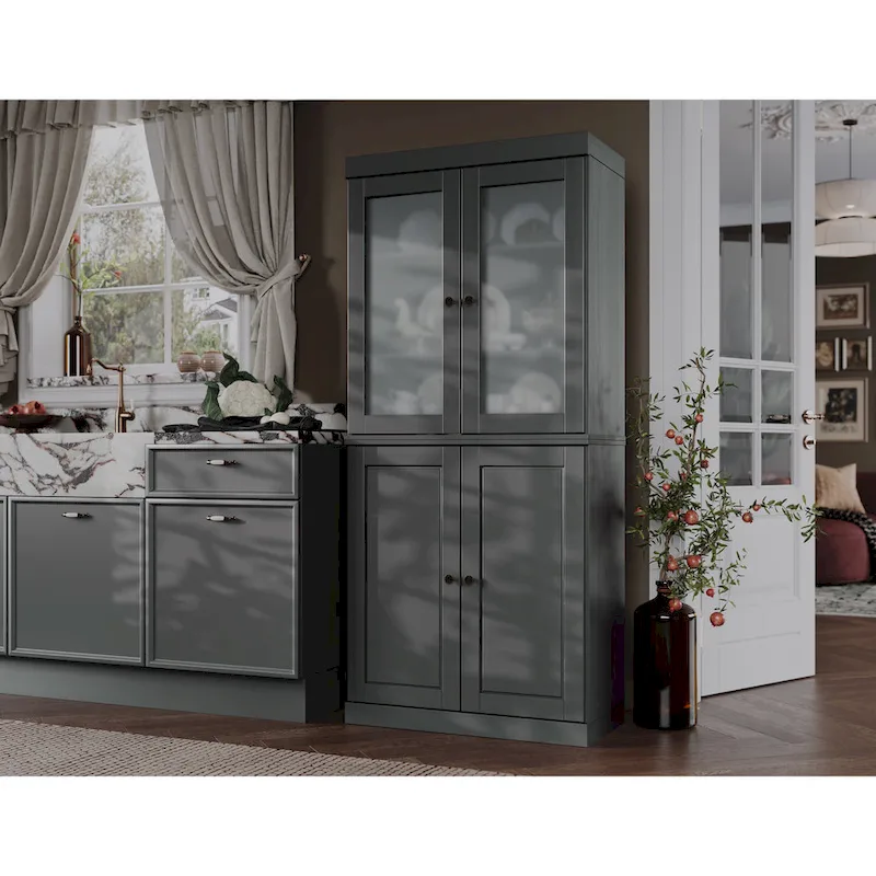 Armoire de rangement 100 % bois massif avec portes en verre dépoli, portes pleines, 2 tiroirs et étagères réglables.