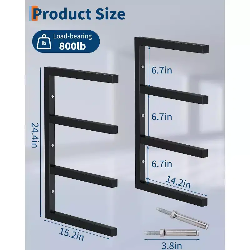 Lumber Storage Rack, Wood Organizer  Set of 8 4-Tier Wall Mount Heavy Duty Steel Shelves 3200LBS Capacity for Shed Workshop Garage Black