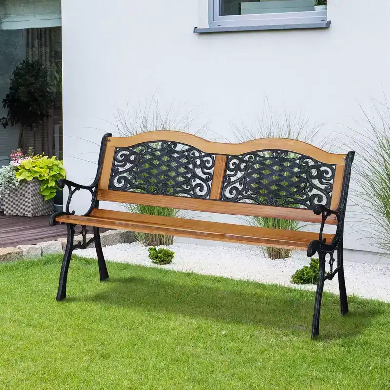 Outsunny 50 Outdoor Garden Bench, Park Style Patio Bench Loveseat, Pine Wood & Metal Frame with Plastic Antique Flourish Backrest, Natural Wood
