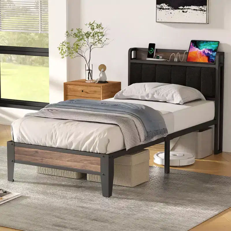 Lusimo Bed Frame Twin XL Upholstered Platform Bed with Storage Headboard and Charging Station