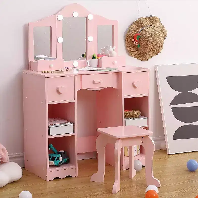 2-In-1 Vanity Table, Kids Vanity Table and Chair Set, Wooden Princess Makeup Desk Dressing Table, Princess Pretend Play Makeup Vanity Table