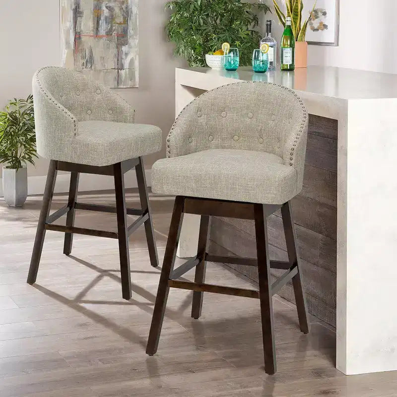 Costway Set of 2 Swivel Bar Stools Tufted Bar Height Pub Chairs w/ Rubber Wood Legs