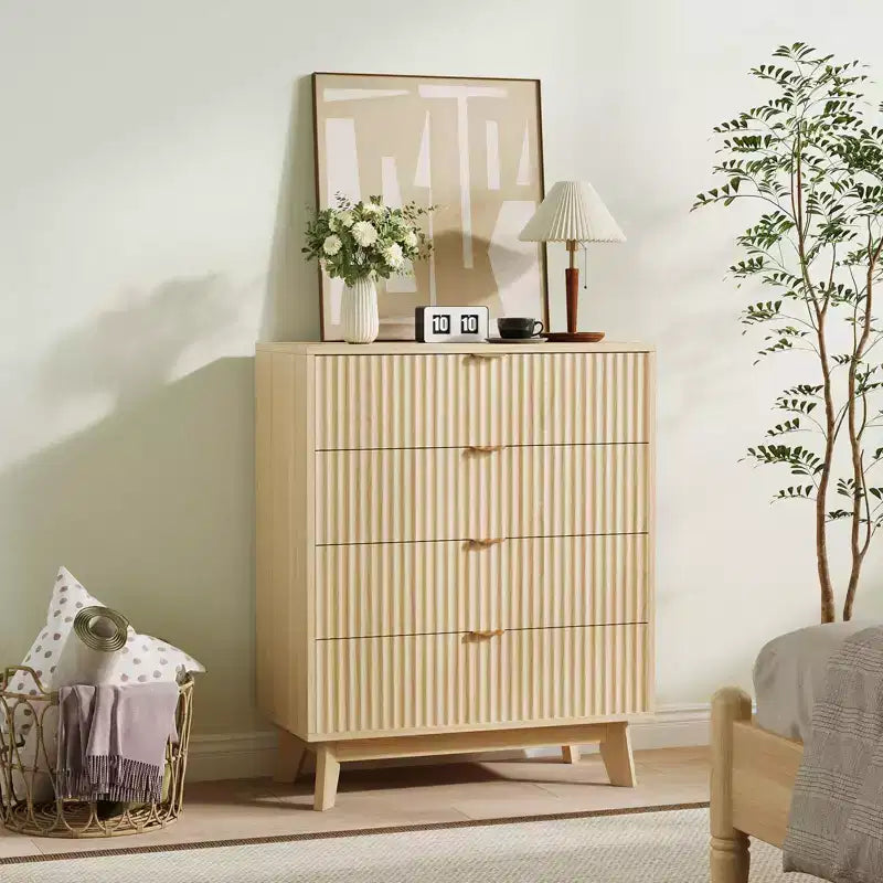 4 Drawer Dressers 2 Pcs, Fluted Closet Dressers Chest of Drawers, Wood Storage Dresser Chest of Drawers for Bedroom Living Room Hallway, Natural