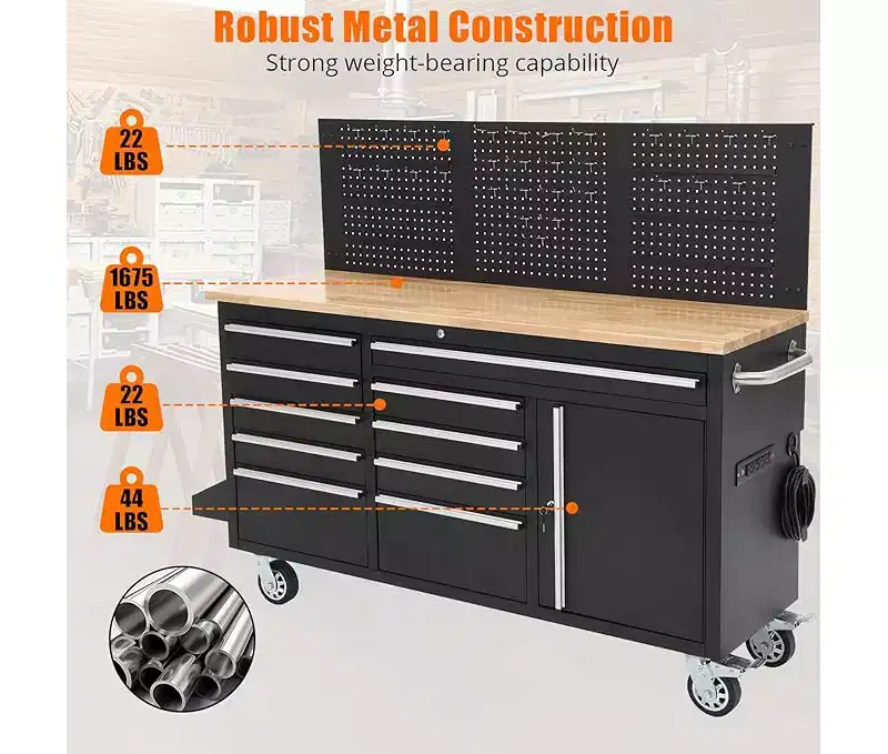 Coffre à outils roulant de 155 cm (61 po) avec 10 tiroirs et établi intégré, multiprise, plateau en bois d'hévéa massif, capacité de charge de 760 kg (1 675 lb), robuste et mobile.