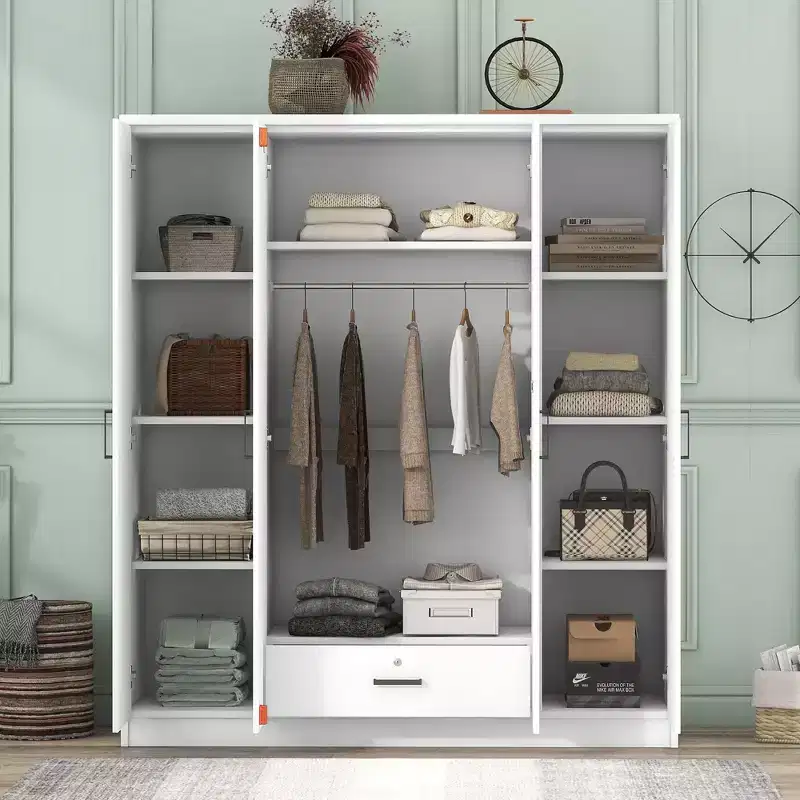 Armoire-penderie en bois à 4 portes avec tringle, 1 tiroir et étagères de rangement