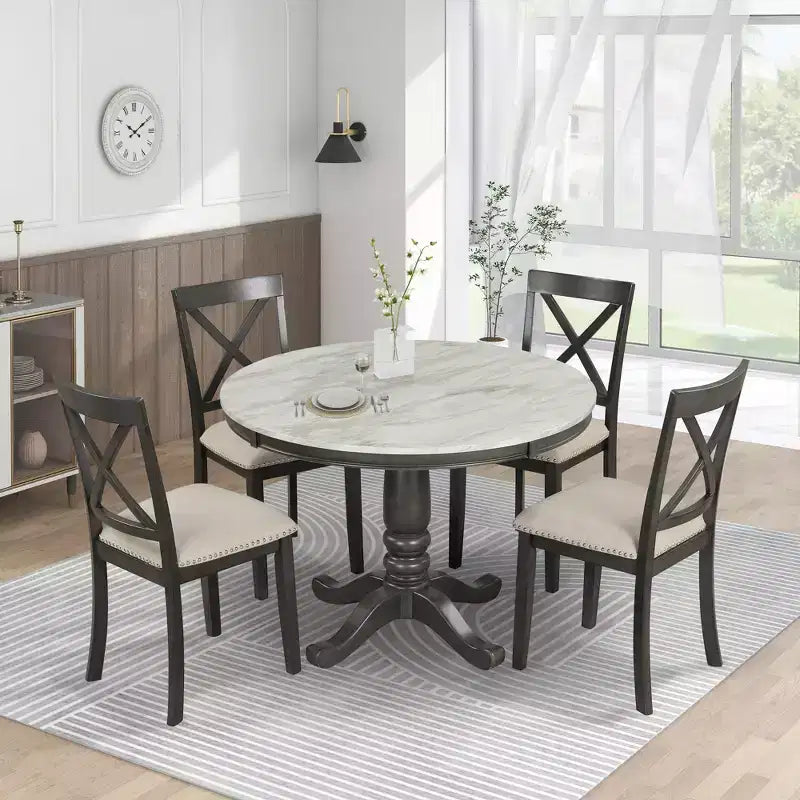 5-Piece Dining Set with Solid Wood Table and 4 Chairs, Gray