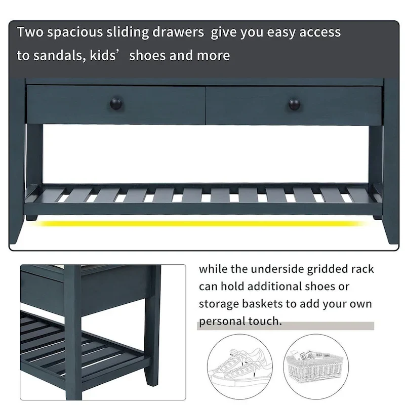 Wooden Storage Bench with Shoe Rack and Drawers