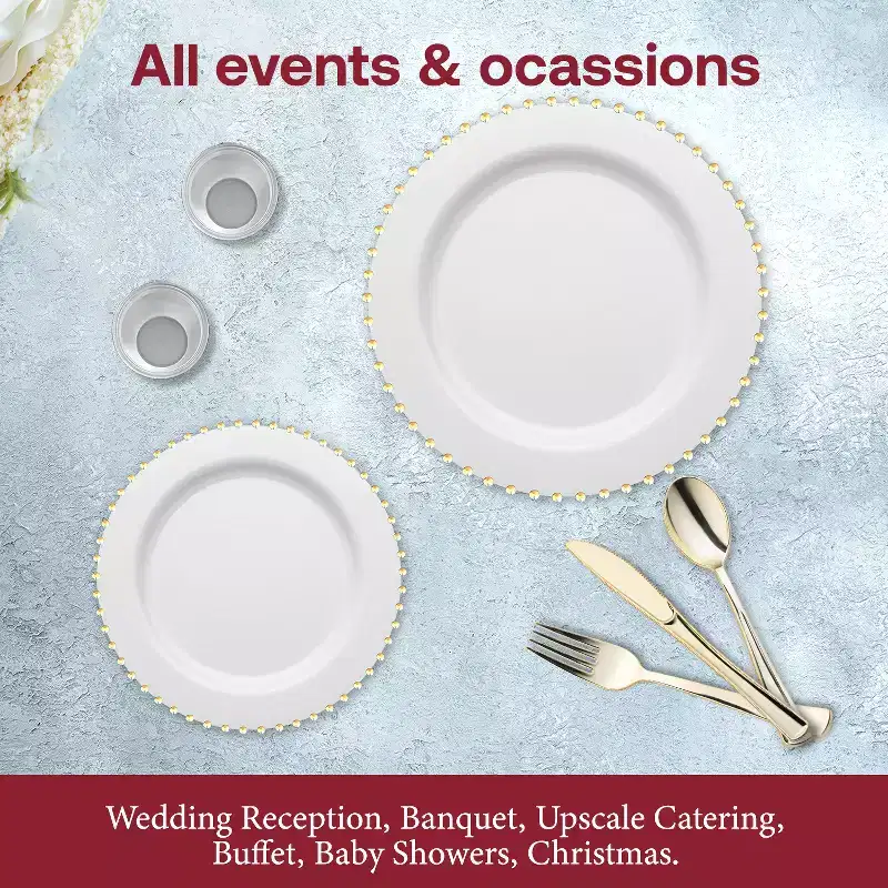 Smarty Had A Party White w/ Gold Pearl String Round Plastic Dinnerware Set - 120 Sets