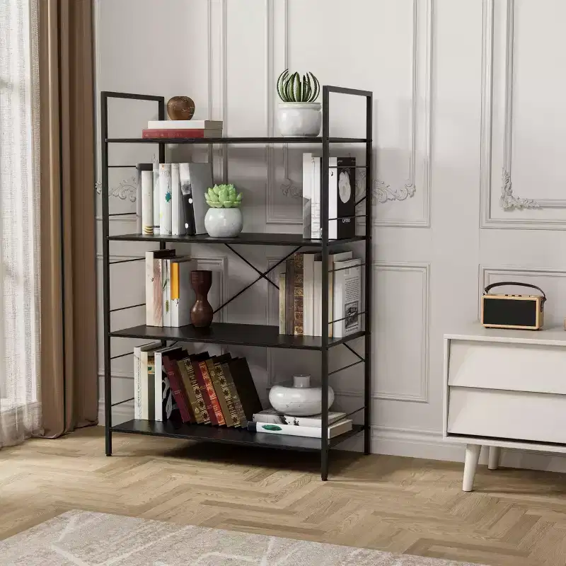 4 Tier Bookshelf, Metal Frame Bookcase, Industrial Wood Bookshelf Books Storage Rack Shelves for Home Office Living Room, 14D x 29.5W x 45H