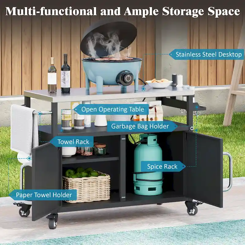 Îlot de cuisine extérieure avec plateau en acier inoxydable, chariot de barbecue en métal avec meuble de rangement - Non applicable