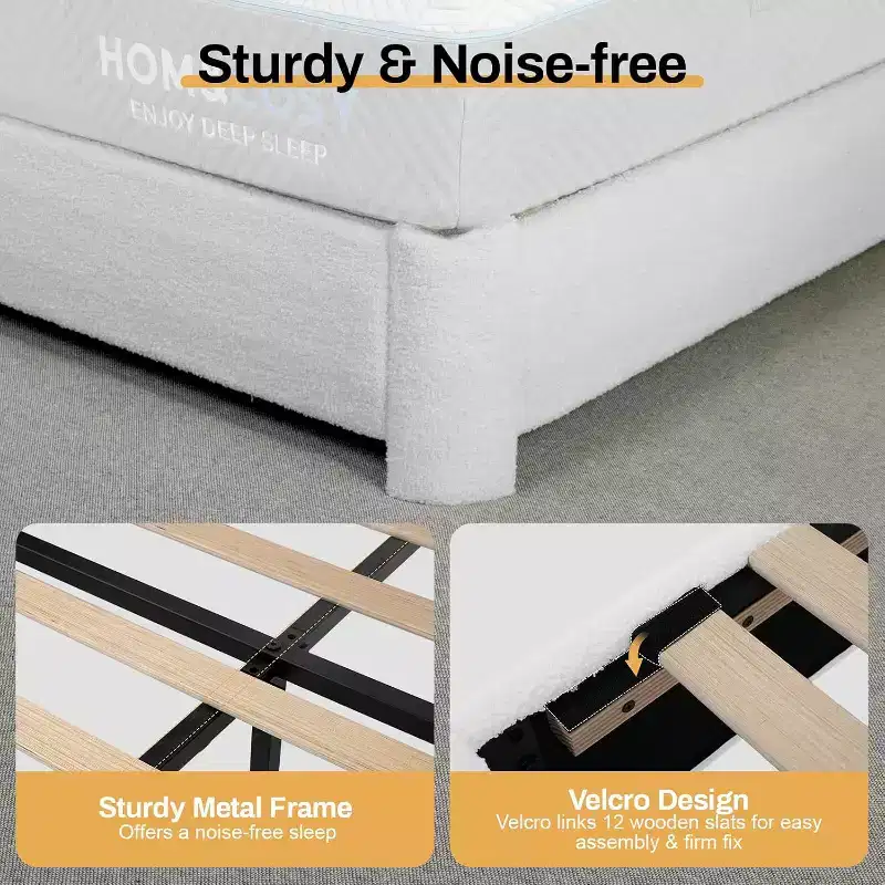 Dyonery Boucle Bed Frame,Upholstered Teddy Fabric Bed Frame, Soft Rounded Corners, Adjustable Headboard, Easy Assembly
