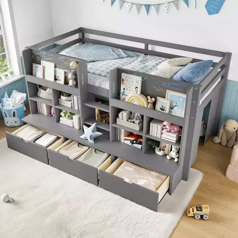 GDFStudio Rowan Kids Low Loft Bed with Storage Shelves, Curtain and Chalkboard