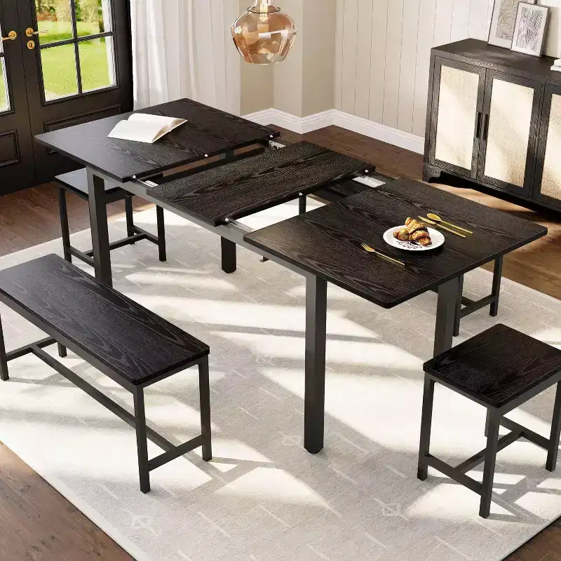 5 Piece Extendable Dining Table Set, Kitchen Table with 2 Chairs and 2 Benches, Kitchen Dining Table Set for 4-6, Space Saving Breakfast Table