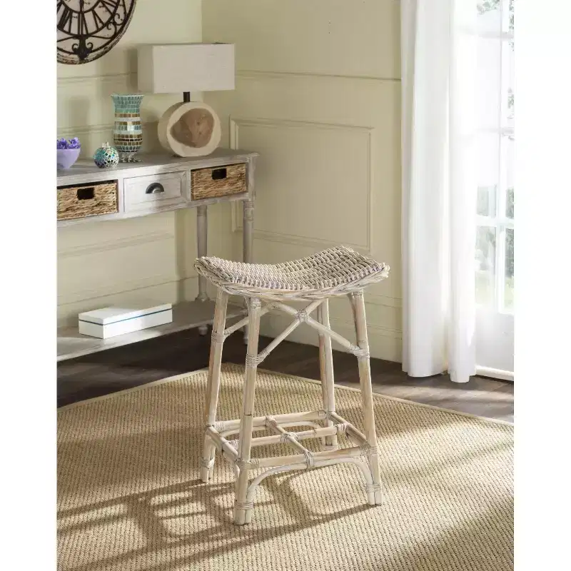 Rattan Wicker Bar Stool, White Washed, Backless & Armless, 275 lb Capacity, Fixed Height