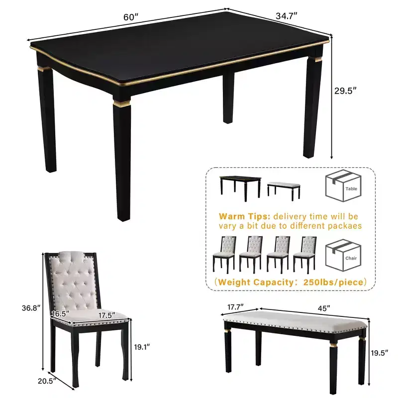 Retro 6 Pieces Kitchen Dining Table Set, Wood Rectangular Table and 4 High-Back Tufted Chairs & 1 Bench